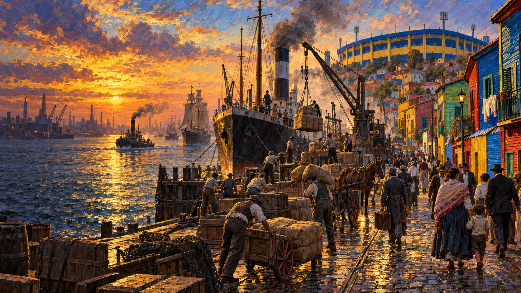 Pintura del antiguo puerto de La Boca con barcos, estibadores e inmigrantes