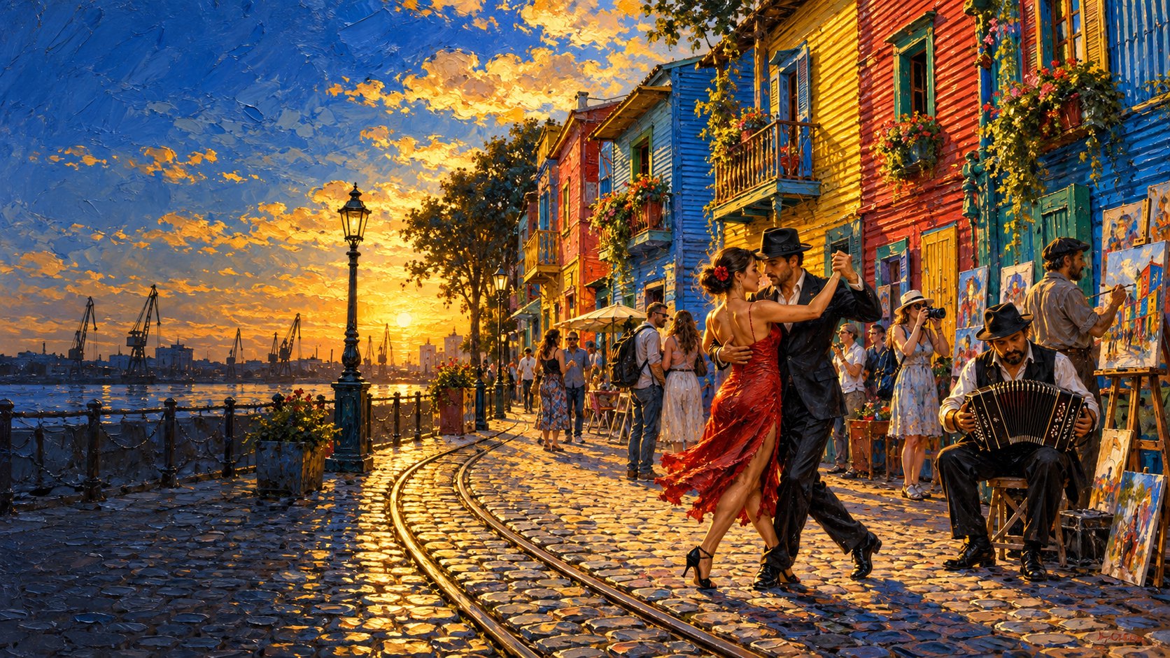 Pintura de Caminito con una pareja de tango, un bandoneonista, un pintor y las vías del viejo ramal