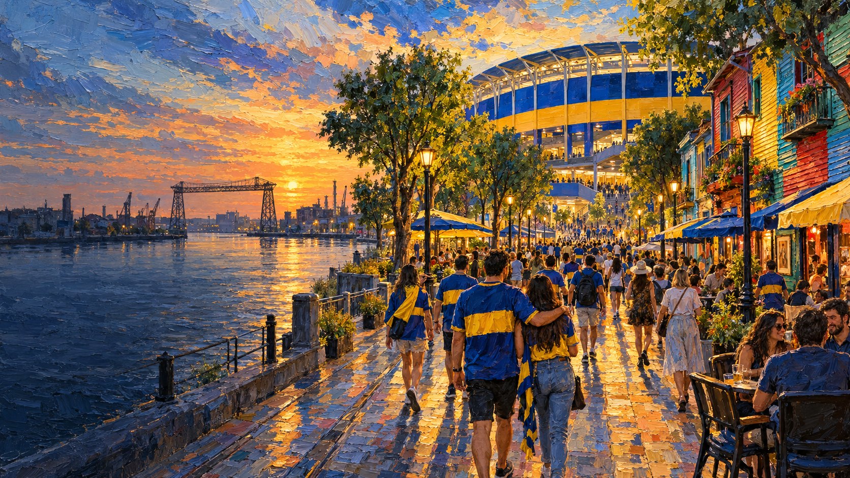 Pintura de un boulevard renovado junto a un estadio moderno azul y amarillo, con hinchas y turistas